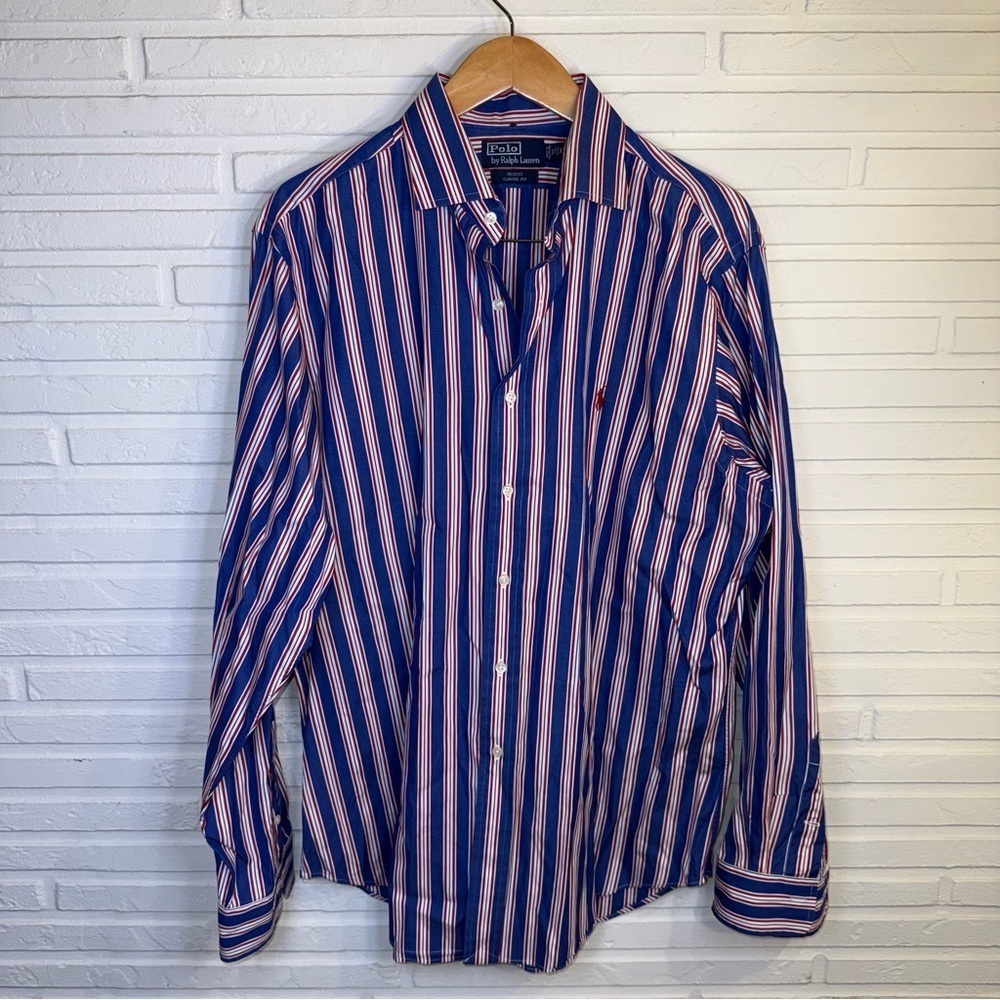 Polo Ralph Lauren Blue Striped Cotton Long Sleeve Button Up, Men’s Size XL